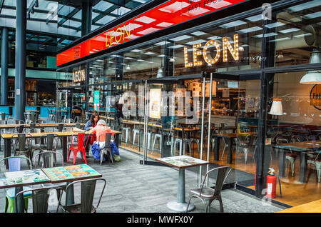 The Leon healthy & wholesome fast food restaurant in London's Spitalfields Market development in the City of London. Stock Photo