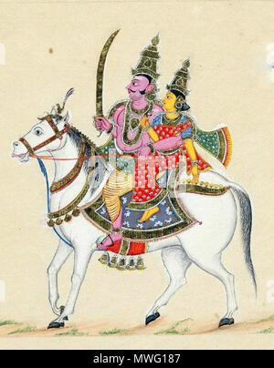 . English: 'Representation of Khandoba: Painting of a deity - perhaps Khandoba - with his consort. It is painted in Company style. The two figures are depicted crowned and riding on a caprisoned white horse. The male deity carries a sword in his right hand. An element of perspective is suggested by the lightly sketched-in foreground. On laid European paper watermarked with 'W Thomas'.' . circa 1820. Unknown 339 Khandoba British Museum Stock Photo