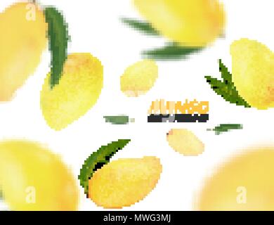 Falling mangoes fruit isolated on white background. Vector 3d illustration Stock Vector