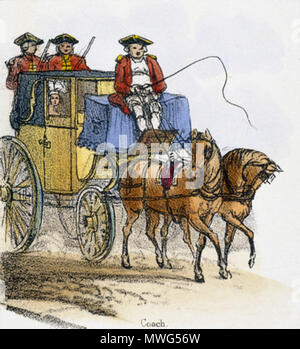 . Vignette from a lithographic plate showing a mail coach pulled by ...