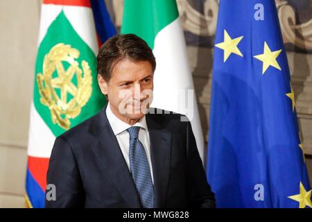 Italy, Rome, May 23, 2018 : Italy's designated Premier Giuseppe Conte talks to journalists after having received from Italy's President Sergio Mattare Stock Photo