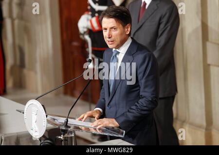 Italy, Rome, May 23, 2018 : Italy's designated Premier Giuseppe Conte talks to journalists after having received from Italy's President Sergio Mattare Stock Photo