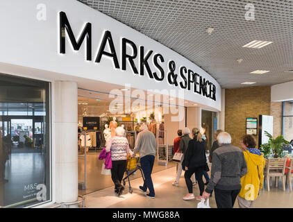 Marks and Spencer shop front. M&S store front in Holmbush Shopping Centre, Shoreham, West Sussex, England, UK. Shopping mall. Retail store. Stock Photo