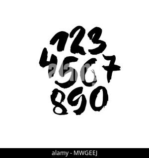 Set of calligraphic ink numbers. Textured brush lettering. Vector illustration. Stock Vector