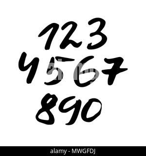 Set of calligraphic ink numbers. Textured brush lettering. Vector illustration. Stock Vector