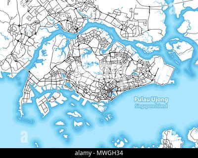 Two-toned map of the island of Pulau Ujong, Singapore with the largest highways, roads and surrounding islands and islets Stock Vector