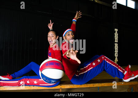 The Harlem Globetrotters are legendary worldwide, synonymous with one-of-a-kind family entertainment and great basketball skills for the past 90 years.  Throughout their history, the Original Harlem Globetrotters have showcased their iconic talents in 122 countries and territories on six continents, often breaking down cultural and societal barriers while providing fans with their first-ever basketball experience.   Proud inductees of the Naismith Memorial Basketball Hall of Fame, the Globetrotters have entertained hundreds of millions of fans - among them popes, kings, queens, and presidents  Stock Photo