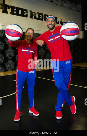 The Harlem Globetrotters are legendary worldwide, synonymous with one-of-a-kind family entertainment and great basketball skills for the past 90 years.  Throughout their history, the Original Harlem Globetrotters have showcased their iconic talents in 122 countries and territories on six continents, often breaking down cultural and societal barriers while providing fans with their first-ever basketball experience.   Proud inductees of the Naismith Memorial Basketball Hall of Fame, the Globetrotters have entertained hundreds of millions of fans - among them popes, kings, queens, and presidents  Stock Photo