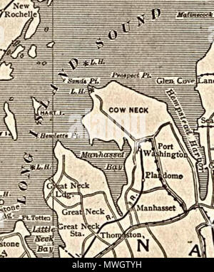 . English: Map of Manhasset Bay, Long Island, New York from a 1917 map of New York City. 1917. P.F. Collier & Son 390 Manhasset-Bay-NY-1917 Stock Photo