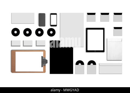 Blank Corporate ID. Set isolated on white. Consist of business cards, folder, tablet PC, envelopes, a4 letterheads, notebooks, flash, pencil, cd disk  Stock Photo