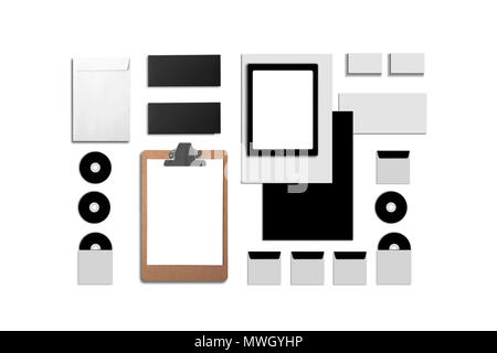 Blank Corporate ID. Set isolated on white. Consist of business cards, folder, tablet PC, envelopes, a4 letterheads, notebooks, flash, pencil, cd disk  Stock Photo