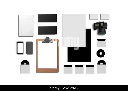 Blank Corporate ID. Set isolated on white. Consist of business cards, folder, tablet PC, envelopes, a4 letterheads, notebooks, flash, pencil, cd disk  Stock Photo