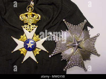 . English: Knight Grand Cross badge and star of the order, in the original black ribbon. 2 March 2007 (original upload date). Original uploader was Mkallgren at en.wikipedia 448 Nordstj Stock Photo