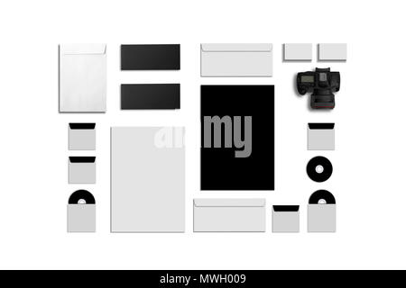 Blank Corporate ID. Set isolated on white. Consist of business cards, folder, tablet PC, envelopes, a4 letterheads, notebooks, flash, pencil, cd disk  Stock Photo