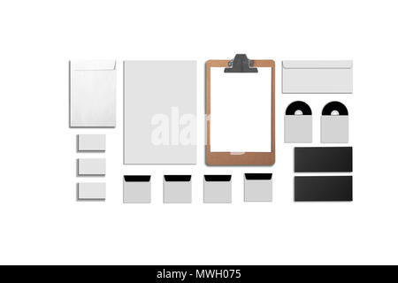 Blank Corporate ID. Set isolated on white. Consist of business cards, folder, tablet PC, envelopes, a4 letterheads, notebooks, flash, pencil, cd disk  Stock Photo
