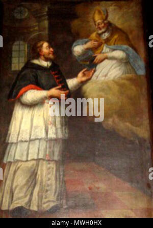 . English: Saint Martin of Leon with Saint Isidore, who is appearing to him. Baroque painting. 17th century. Unknown, Spanish 403 MartinLeo17 Stock Photo