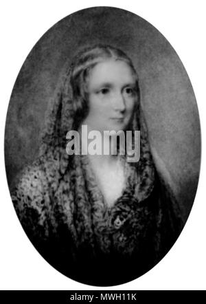 . Reginald Easton painted this miniature portrait of Mary Shelley, on a flax coloured background. It incorporates a circlet backed by blue, the same seen in the Rothwell painting and a shawl.[1][2] . 1857[1]. Reginald Easton[3] (born 1807, died 1893) 404 MaryShelleyEaston2 Stock Photo