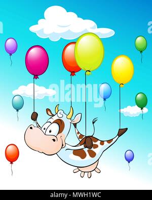 funny design with flying cow with balloons on blue sky with clouds - vector illustration Stock Vector