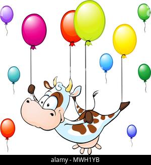 funny cow flying with colorful balloon isolated on white background Stock Vector