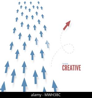 Think creative. Red arrow motion into different way. Freedom of thought ideas and solution. Business concept. Vector illustration Stock Vector