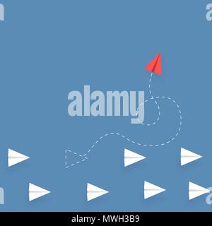 Red paper plane flying different way from white paper planes on blue background. Think different. Business poster concept. Vector illustration Stock Vector