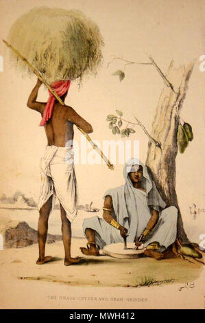 . English: 'The Grass-cutter and Gram-grinder'* 'Sugar Mills at Belaspore'* 'Superstitions of the Natives'* Source: ebay, Oct. 2004 'Three hand-coloured engravings, c1850's, from Fanny Parkes's 'Wanderings of a Pilgrim in Search of the Picturesque'.' . 1850. Fanny Parkes's 595 The Grass-cutter and Gram-grinde Stock Photo