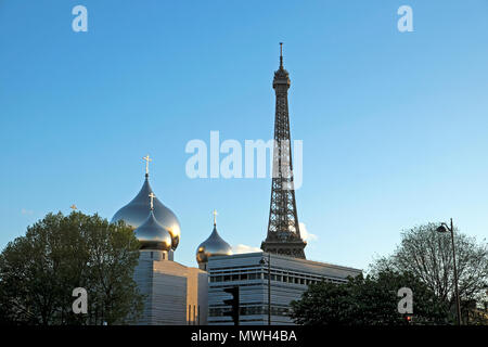 View of domes of Holy Trinity Cathedral, the Russian Orthodox Spiritual and Cultural Center and the Eiffel Tower Paris, France   KATHY DEWITT Stock Photo