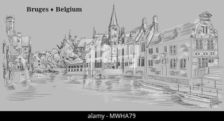 View on Rozenhoedkaai water canal in Bruges, Belgium. Landmark of Belgium. Vector hand drawing illustration in black and white colors isolated on grey Stock Vector