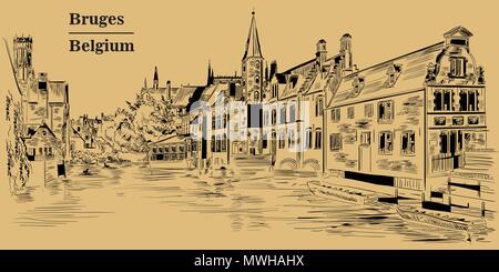 View on Rozenhoedkaai water canal in Bruges, Belgium. Landmark of Belgium. Vector hand drawing illustration in black color isolated on brown backgroun Stock Vector