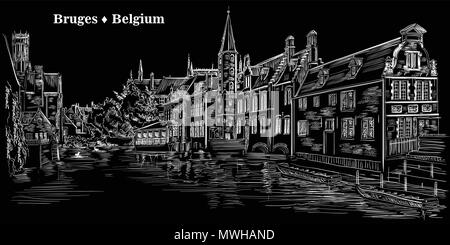 View on Rozenhoedkaai water canal in Bruges, Belgium. Landmark of Belgium. Vector hand drawing illustration in white color isolated on black backgroun Stock Vector