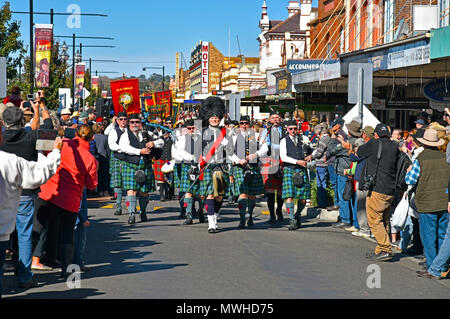 The Celtic Festival 2017 in Glen Innes in New England in northern New South Wales, NSW, Australia with pipe and drum bands and celtic dancers Stock Photo