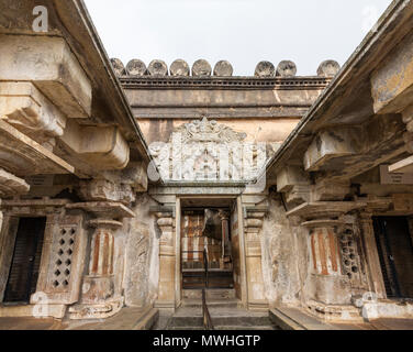 Architectural details of Bahubali gomateshwara Temple. Sculptures Hindu – jain deities seen on the walls. Stock Photo