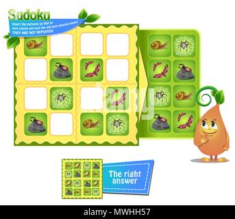 Sudoku game for children with pictures insects. Kids activity sheet. Training logic, educational game Stock Vector