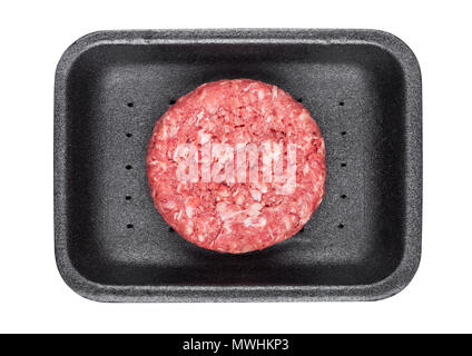 Raw fresh beef burger in plastic tray on white background Stock Photo
