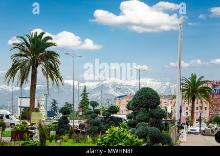 Beautiful cozy city street with ornamental trees, bushes, palm trees, against the background of snow-capped mountains. Batumi, Georgia. Stock Photo