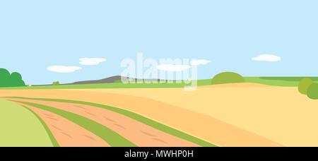 Vector illustration agricultural landscape with fields and meadows, trees and mountain in the background under a blue sky with clouds - flat design Stock Vector