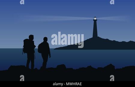 Two tourist with backpacks standing on the sea shore and watching the shining lighthouse on the island under blue night sky - vector Stock Vector