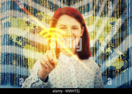 Smiling woman touching digital screen interface with her finger. Press on the golden wifi symbol, dotted world map hologram. Global network concept, e Stock Photo
