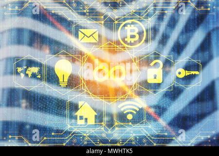 Touch screen digital interface with golden infinity icon in the middle gives limitless access to computer features. Modern technology concept, the end Stock Photo