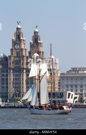Tall ship Belle Poule on the River Mersey during the parade of sail during the Tall Ships Festival in Liverpool May 2018 Stock Photo