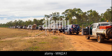 A convoy of four wheel drive vehicles in the Gibb Challenge 2018 on the Gibb River Road Kimberley WA Australia Stock Photo