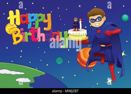 vector illustration of hero bring birthday cake to outer space Stock Vector