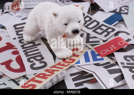 Polar bear on cut newspaper titles Stock Photo