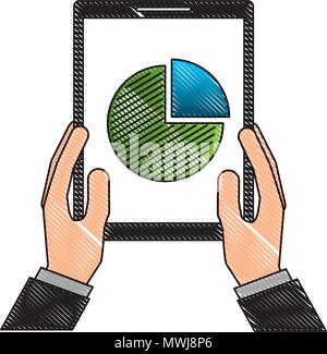 hands holding mobile with financial pie chart vector illustration Stock Vector