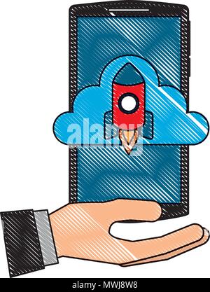 hand holding smartphone with cloud storage and document vector ...