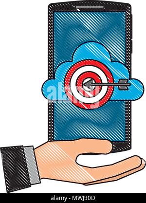 hand holding smartphone with cloud storage target startup vector illustration Stock Vector