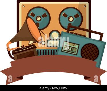 video tape player with gramophone and radio retro vector illustration design Stock Vector