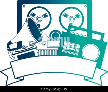 video tape player with gramophone and radio retro vector illustration design Stock Vector