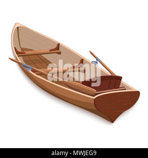 Wooden boat with oars, colorful graphic drawing, vector illustration. Skiff from brown wooden boards with two paddle and seats, isolated on white back Stock Photo