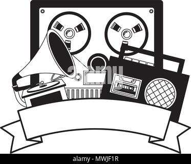 video tape player with gramophone and radio retro vector illustration design Stock Vector